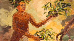 Pintura a óleo mostra uma figura humana como árvore numa floresta.