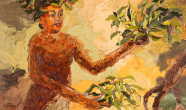 Pintura a óleo mostra uma figura humana como árvore numa floresta.