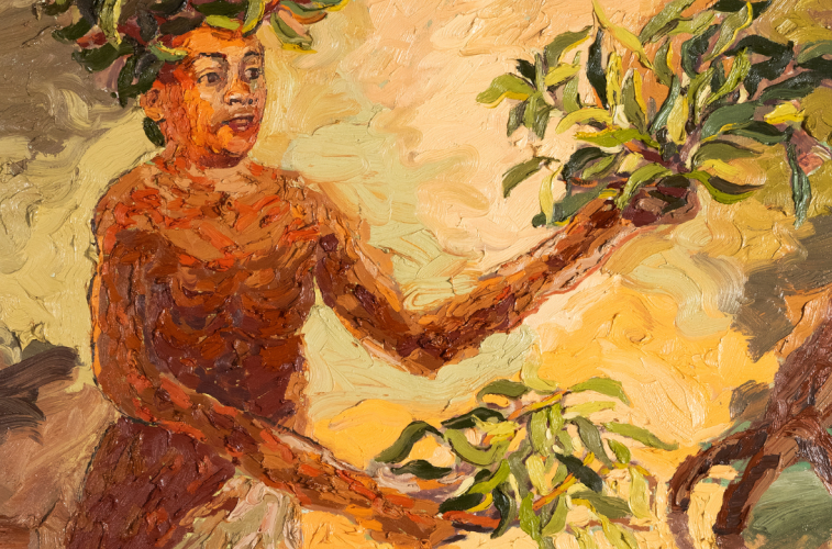 Pintura a óleo mostra uma figura humana como árvore numa floresta.